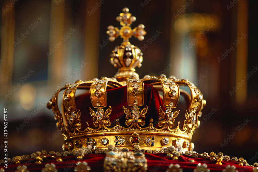Fantastic king or queen crown from vivid gold material for coronation Fantastic king or queen crown from vivid gold material for coronation