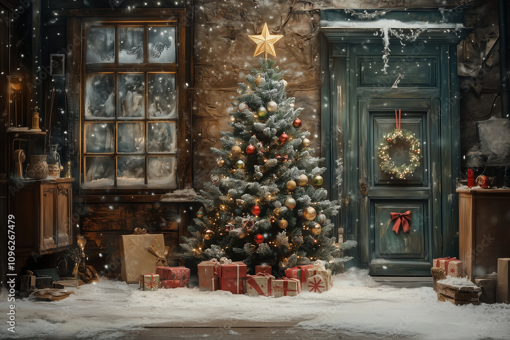 background of old New Year cards with Christmas tree and gifts background of old New Year cards with Christmas tree and gifts