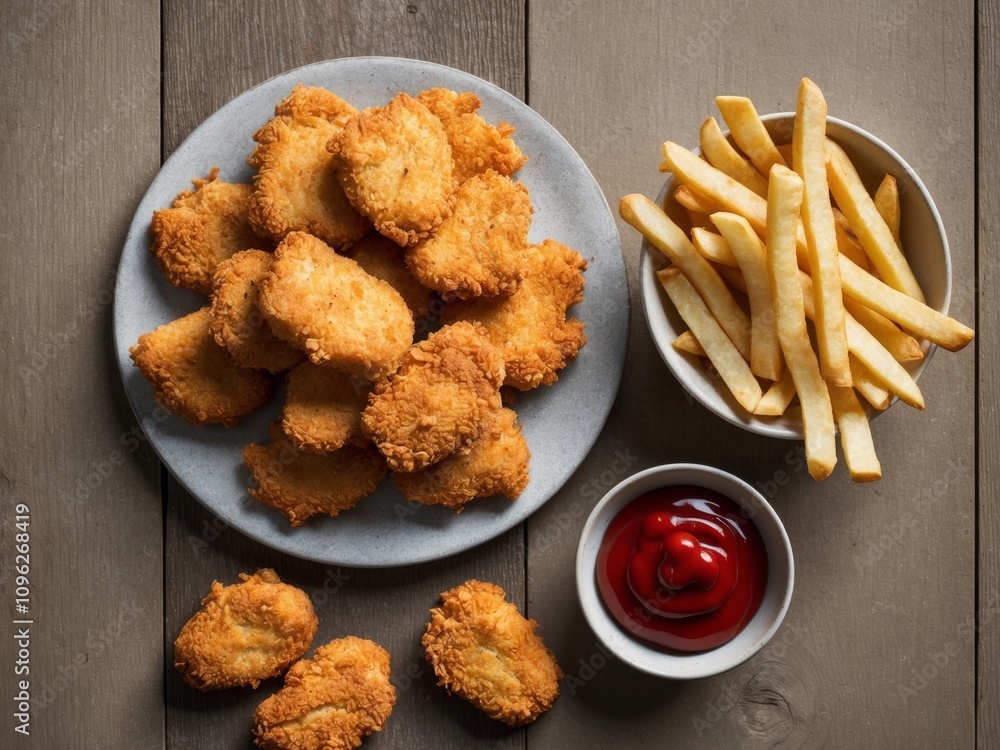 Naklejka premium Crispy Fried Chicken Nuggets with French Fries and Ketchup Sauce on Rustic Table.