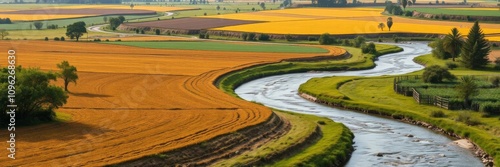 A scenic map showcasing a serene rural area with a winding river flowing through lush green landscapes, farmland, landscape, adventure