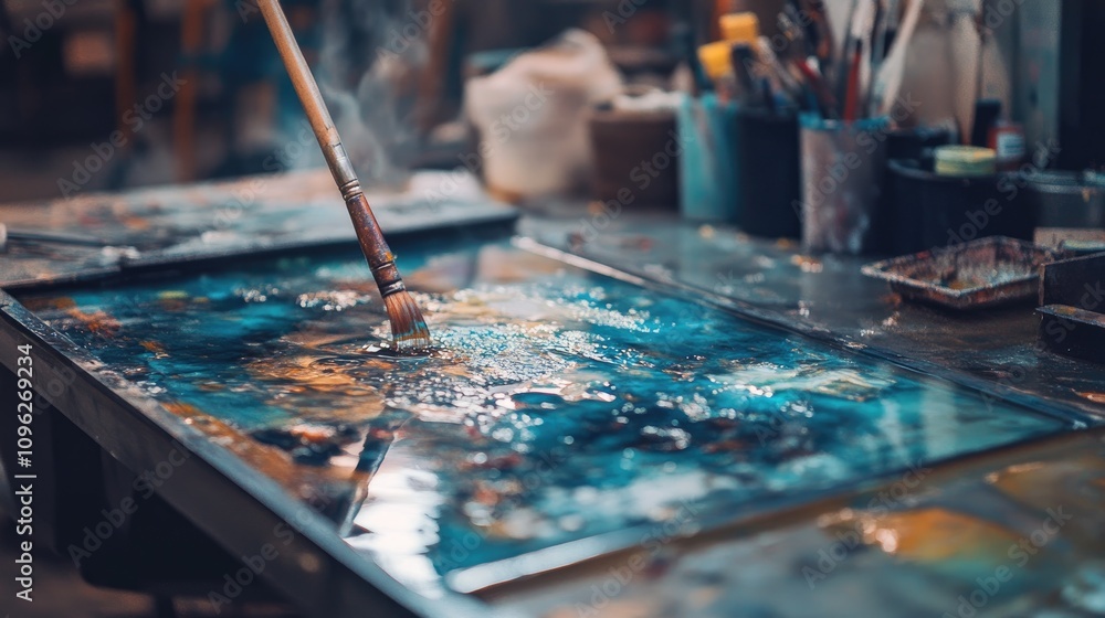 Fototapeta premium Epoxy resin artwork creation in a vibrant workshop with colorful, shimmering pieces being crafted on a studio table surrounded by artistic tools.