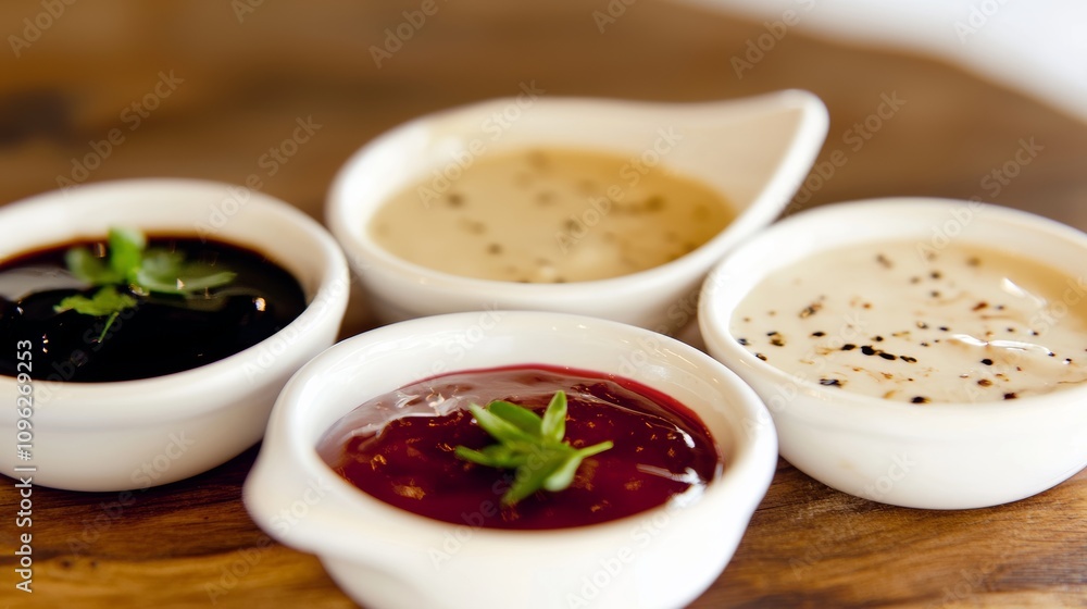 Assortment of Dipping Sauces in White Bowls Assortment of Dipping Sauces in White Bowls