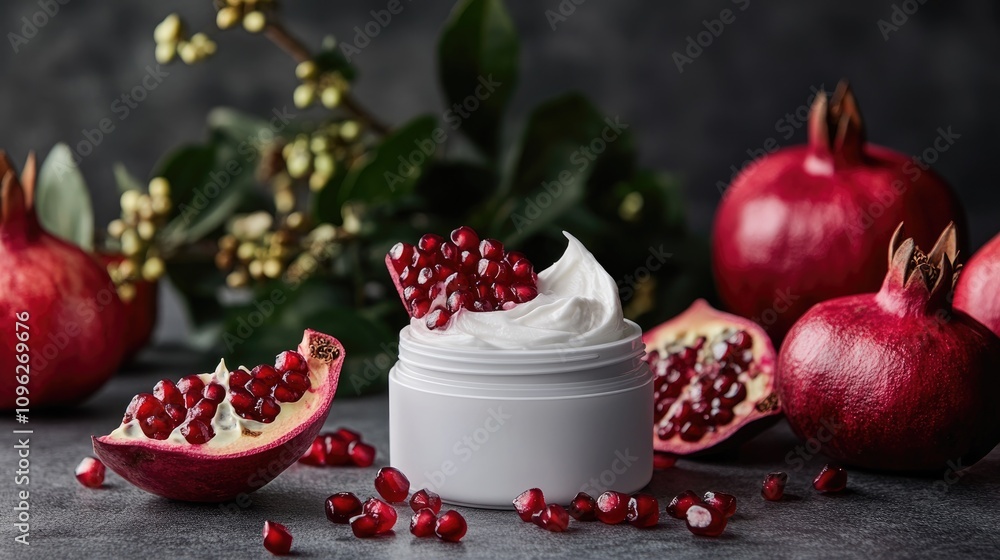 Moisturizing cream in a sleek jar adorned with fresh pomegranate halves and seeds, highlighting natural pomegranate extract for nourishing skincare. Moisturizing cream in a sleek jar adorned with fresh pomegranate halves and seeds, highlighting natural pomegranate extract for nourishing skincare.