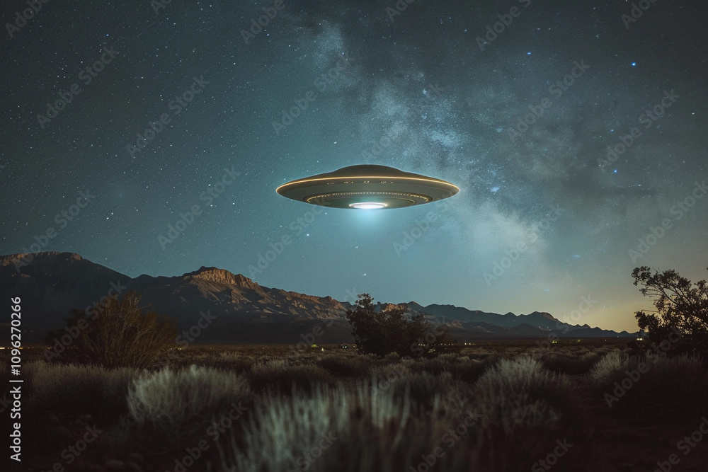 Iron oval UFO saucer hovering over beautiful landscape in dramatic sky Iron oval UFO saucer hovering over beautiful landscape in dramatic sky