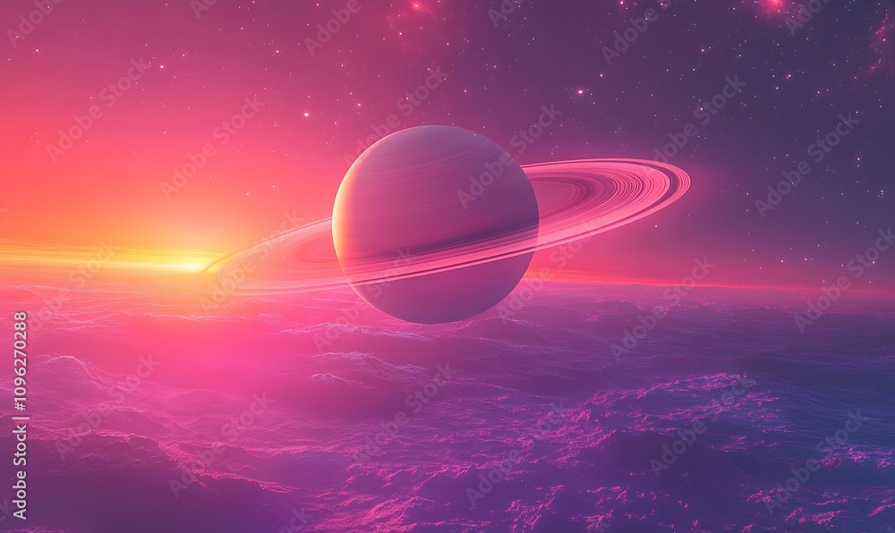 Saturn’s rings and Titan moon against the backdrop of a cosmic dawn Saturn’s rings and Titan moon against the backdrop of a cosmic dawn