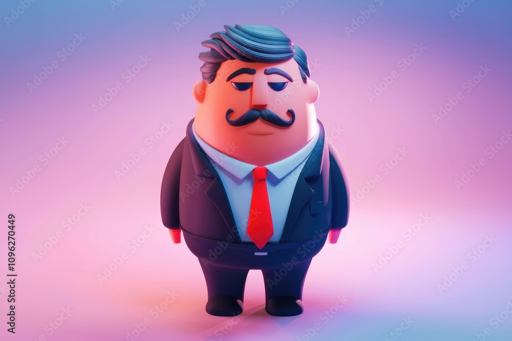 A 3D cartoon illustration of a chubby man with a mustache wearing a suit A 3D cartoon illustration of a chubby man with a mustache wearing a suit