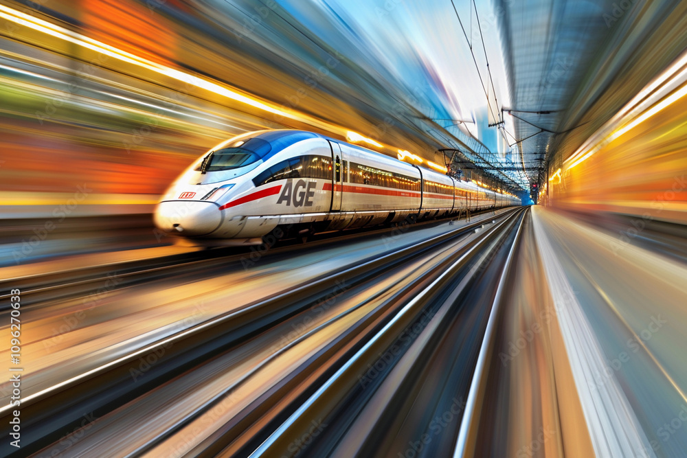 Modern high-speed train in fast motion passes through railway stations Modern high-speed train in fast motion passes through railway stations