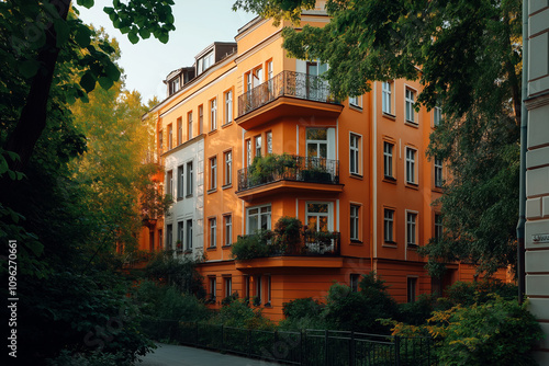 Elegant Orange Apartment Building with Balconies Surrounded by Greenery in Urban Neighborhood During Sunset.