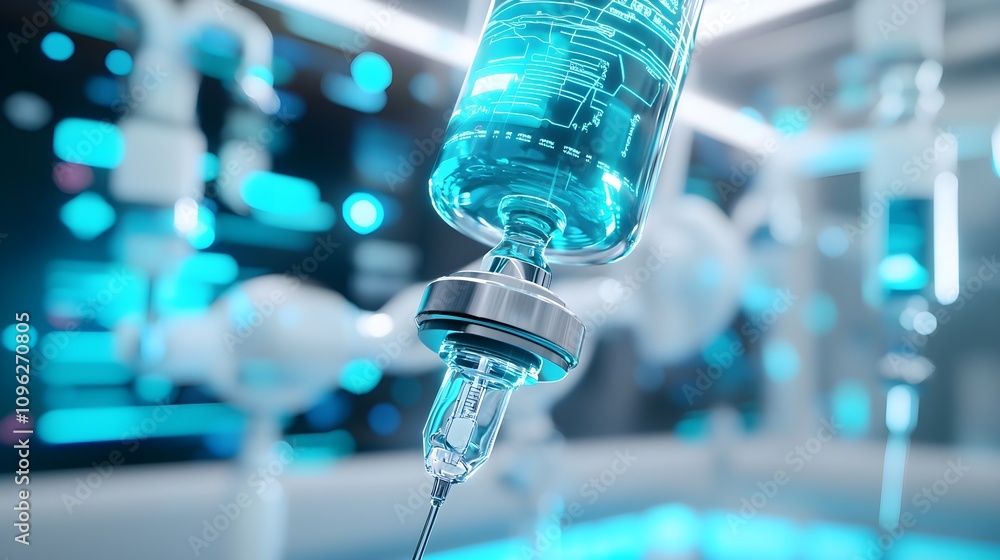Advanced IV Drip System for Hydration and Medication Delivery in a Futuristic Medical Environment Advanced IV Drip System for Hydration and Medication Delivery in a Futuristic Medical Environment