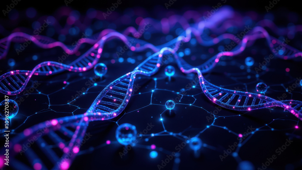 Obraz premium Scientific image featuring unique molecular identifiers (UMIs) represented as colorful DNA sequences with a molecular network backdrop.