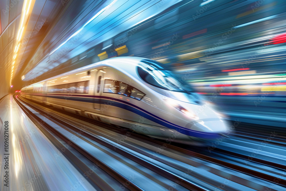 Modern high-speed train in fast motion passes through railway stations Modern high-speed train in fast motion passes through railway stations