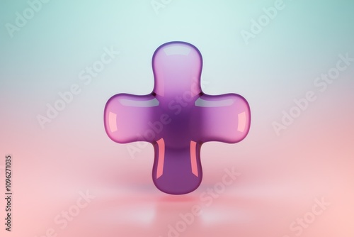 3D glossy purple plus symbol on gradient background.