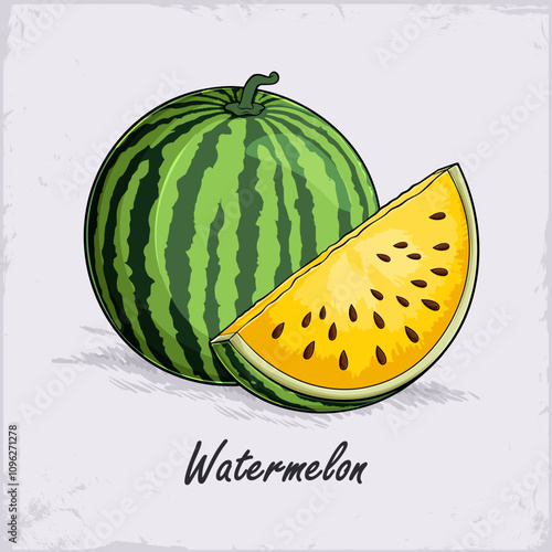 Hand drawn juicy organic yellow watermelon with a fresh slice and black seeds full of vitamins