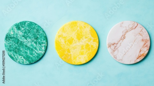 Colorful marble coasters display studio product photography bright environment top view