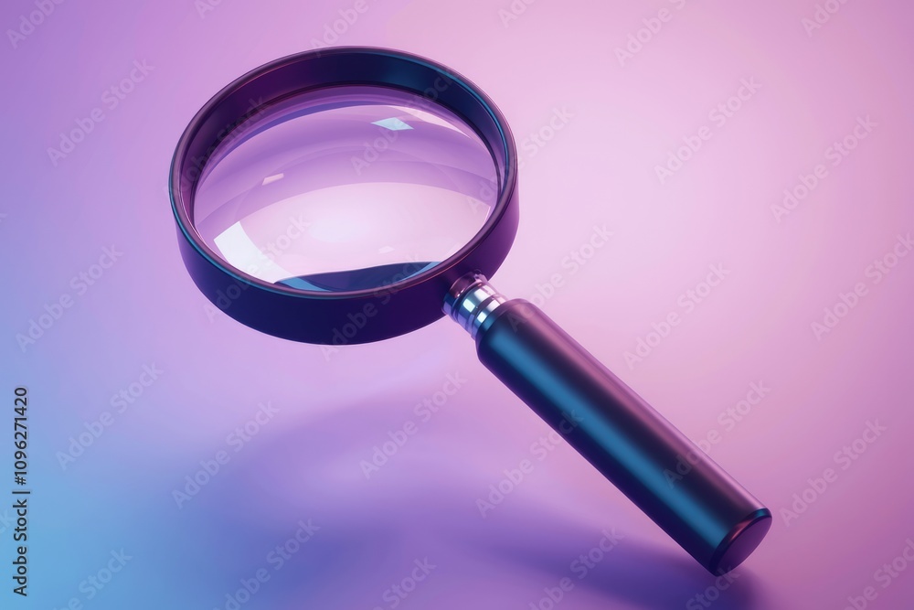 A 3D rendering of a magnifying glass with a dark handle against a purple background A 3D rendering of a magnifying glass with a dark handle against a purple background