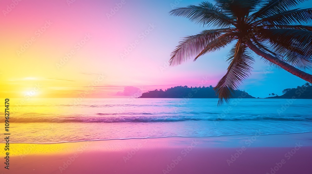 Fototapeta premium Serene Beach Sunset with Vibrant Colors and Silhouetted Palm Trees Against Ocean Waves and Gentle Shoreline in Tranquil Tropical Environment