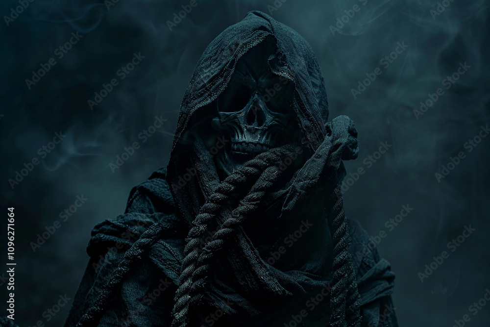 Scary grim reaper with sharp scythe in hell with dramatic background Scary grim reaper with sharp scythe in hell with dramatic background