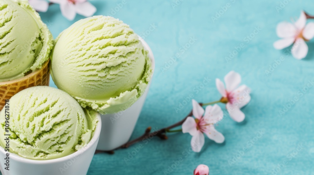 Three green ice cream scoops with cherry blossoms. Three green ice cream scoops with cherry blossoms.