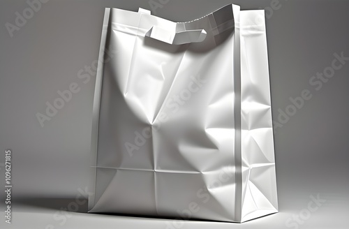 White plastic bag with a blank white label, perfect for packaging mockups, branding, and minimalist design themes photo