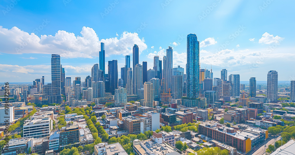 Fototapeta premium Modern Skyline with High-Rise Office Buildings under Blue Sky