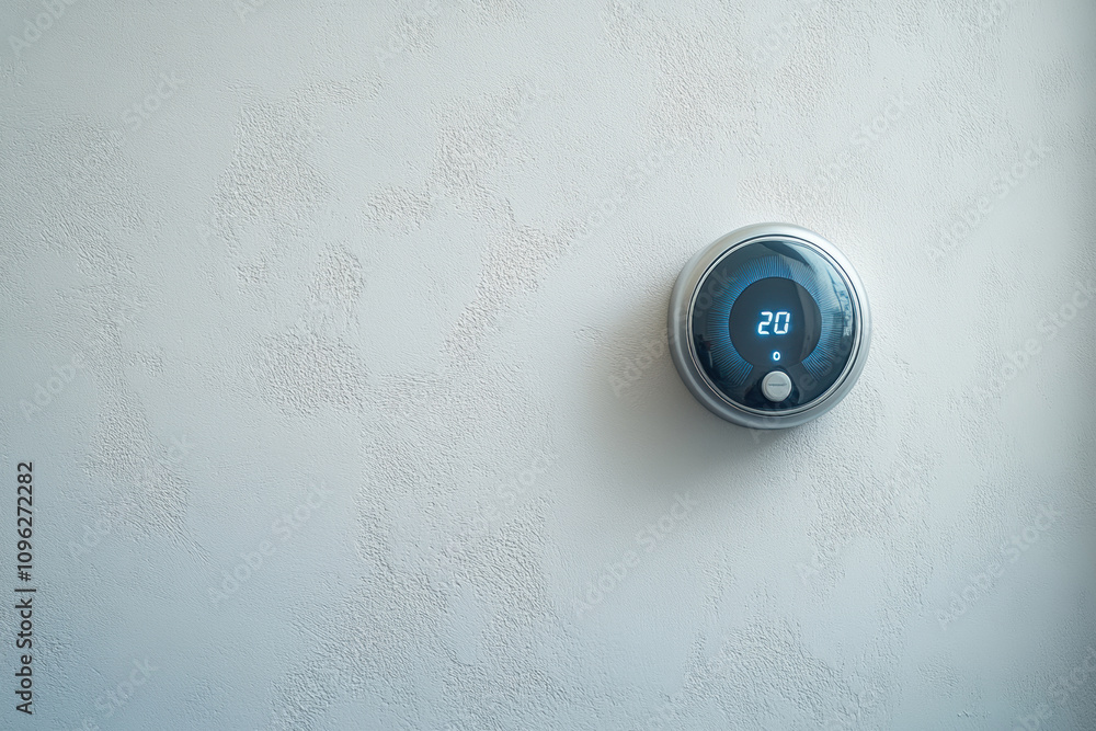 smart home technology, modern thermostat on white wall, showing temperature and empty space for text smart home technology, modern thermostat on white wall, showing temperature and empty space for text