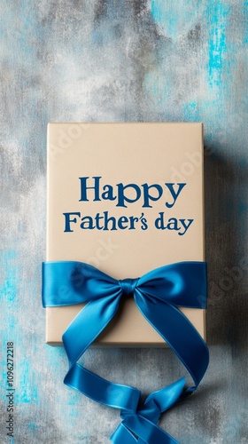 Elegant Father's Day gift box with blue ribbon bow on textured background, conveying love and appreciation for dads on their special day. photo