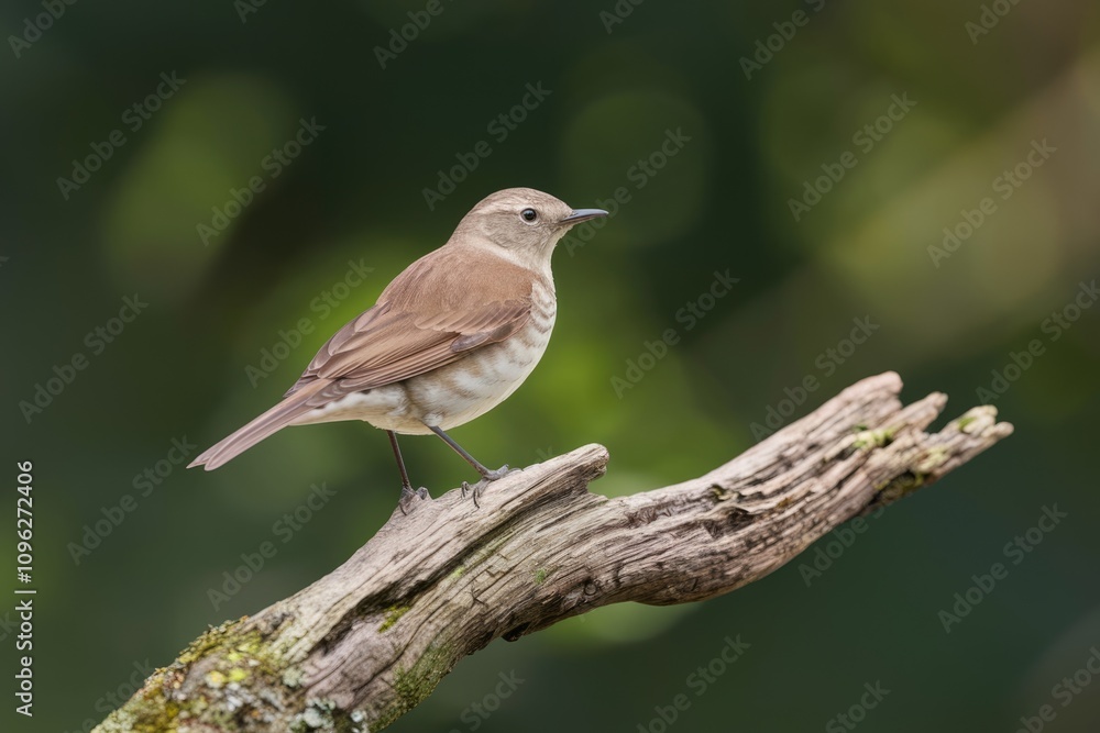 A small light brown bird perches on a weathered branch against a blurred transparent background A small light brown bird perches on a weathered branch against a blurred transparent background