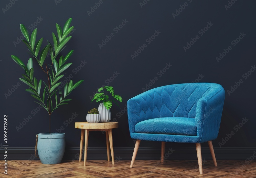 A blue armchair with gold legs. a potted plant. and a side table with a white vase sit in front of a dark blue wall The floor is made of wood planks A blue armchair with gold legs. a potted plant. and a side table with a white vase sit in front of a dark blue wall The floor is made of wood planks