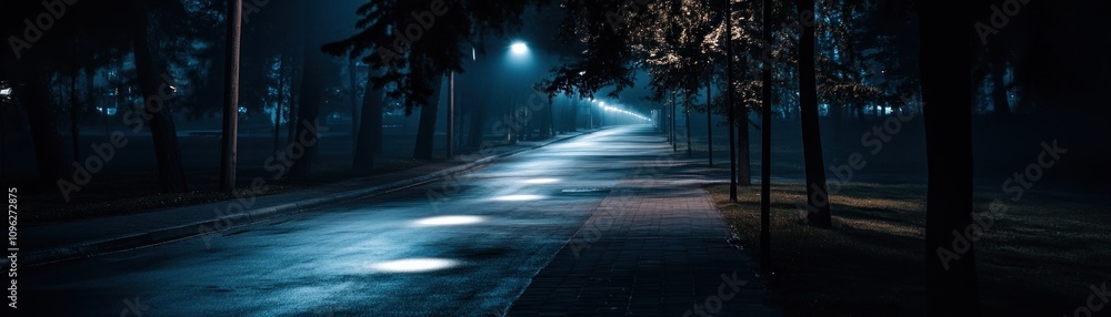 A deserted, misty street illuminated by soft lights, creating an eerie atmosphere. A deserted, misty street illuminated by soft lights, creating an eerie atmosphere.
