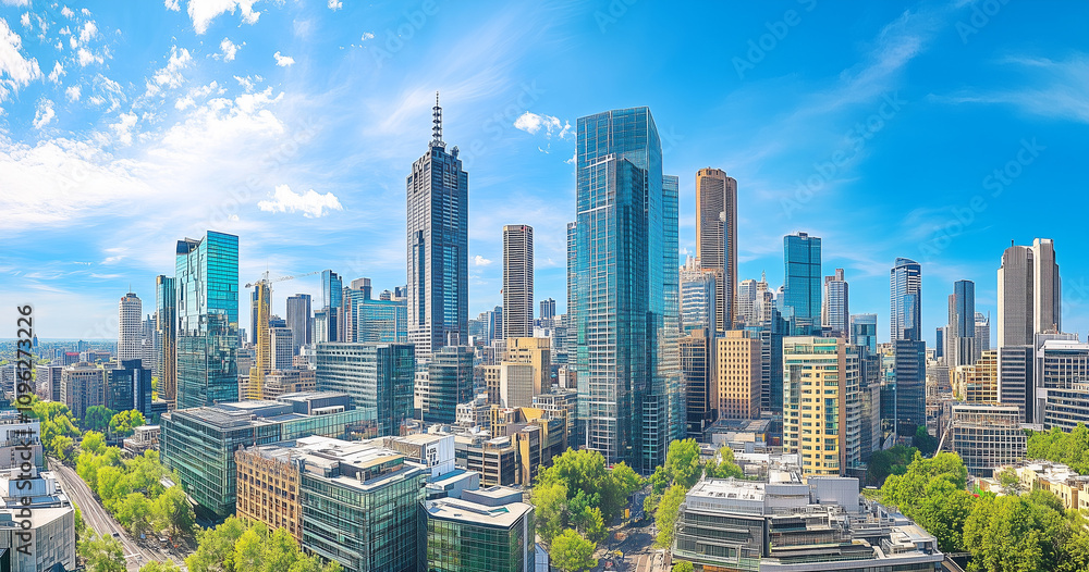 Obraz premium Modern Skyline with High-Rise Office Buildings under Blue Sky