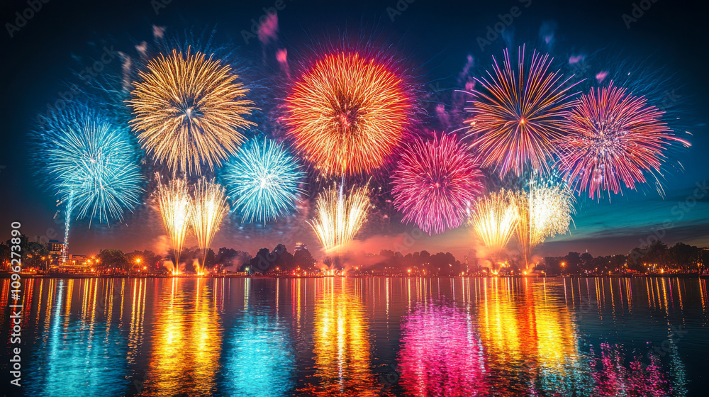 Obraz premium Colorful fireworks display at night reflecting in a calm lake