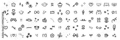 手書きの飾りイラストのベクターイラストセット。手描き、集中線、動物、星、ハート、フルーツ、リボン
