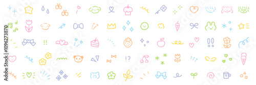 手書きの飾りイラストのベクターイラストセット。手描き、集中線、動物、星、ハート、フルーツ、リボン