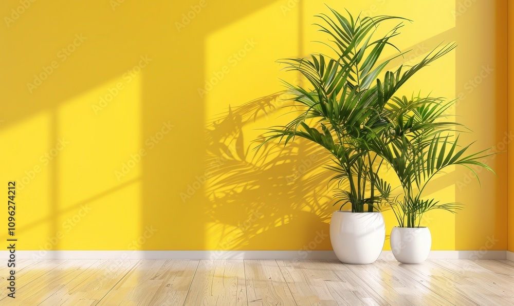 A potted palm tree in a white pot stands against a bright yellow wall with wooden floorboards The palm tree casts a long shadow on the wall A potted palm tree in a white pot stands against a bright yellow wall with wooden floorboards The palm tree casts a long shadow on the wall