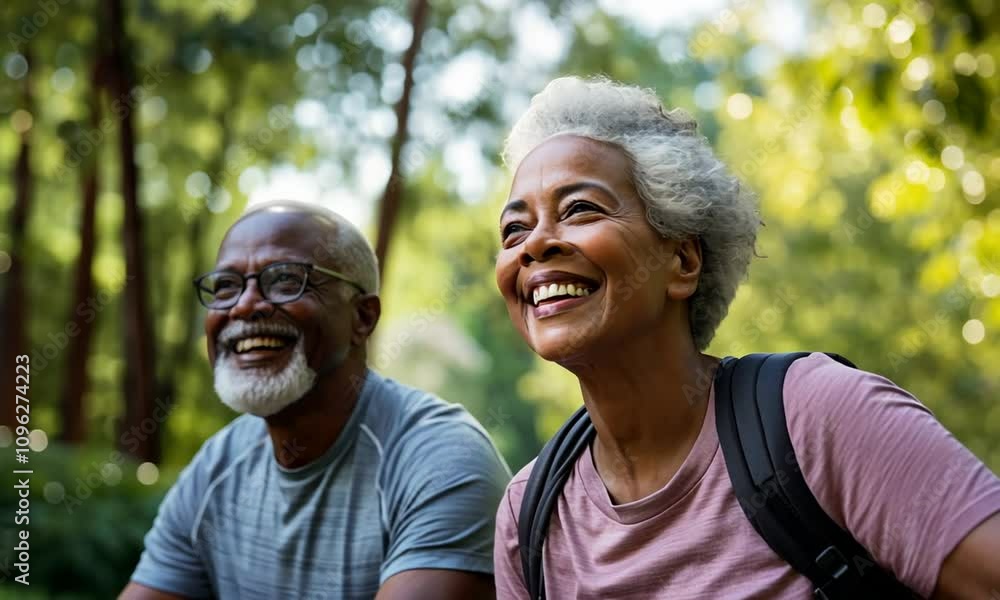 Senior cheerful joyful black african american couple hiking in summer forest smiling and aging gracefully Senior cheerful joyful black african american couple hiking in summer forest smiling and aging gracefully