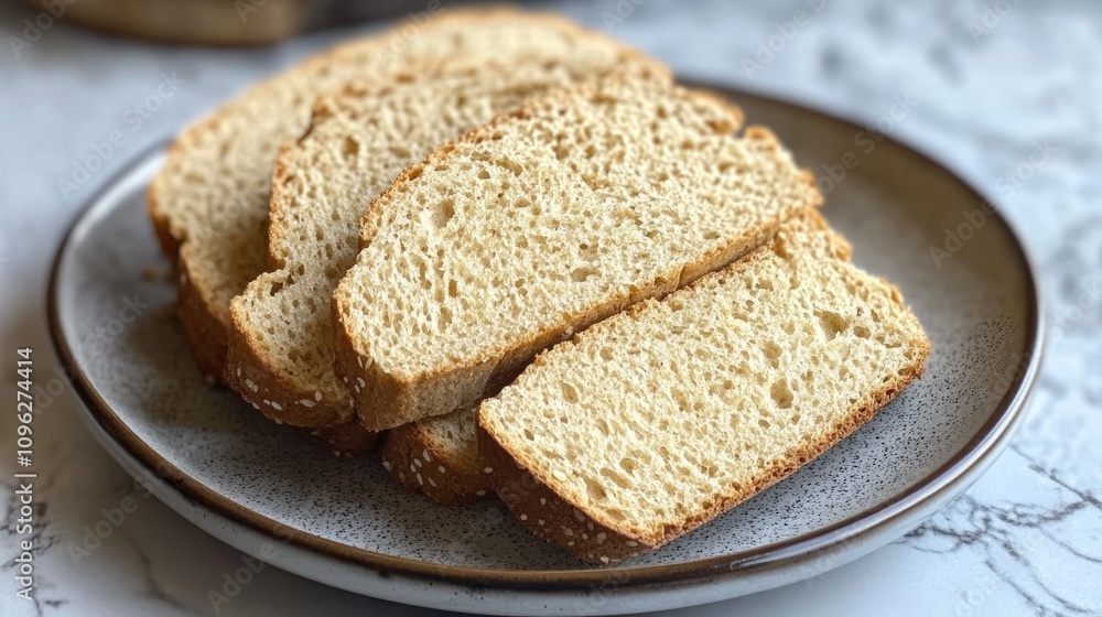 Freshly baked gluten-free bread slices arranged neatly on a rustic plate, showcasing a golden crust and airy texture, perfect for any meal or snack. Freshly baked gluten-free bread slices arranged neatly on a rustic plate, showcasing a golden crust and airy texture, perfect for any meal or snack.