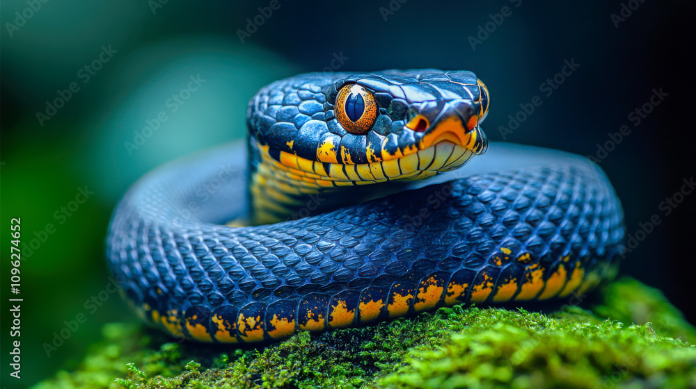 Obraz premium Colorful tropical snake coiled on mossy rock in rainforest environment