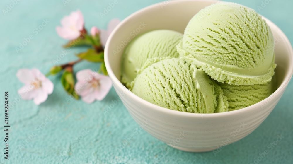 Three scoops of green ice cream in a bowl. Three scoops of green ice cream in a bowl.