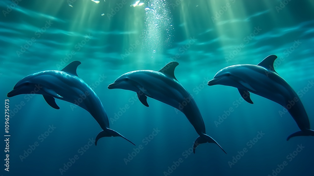 Graceful Dolphins Swimming in Crystal Clear Ocean Water with Sunlight Streaming Through the Surface Creating a Serene Underwater Scene Graceful Dolphins Swimming in Crystal Clear Ocean Water with Sunlight Streaming Through the Surface Creating a Serene Underwater Scene