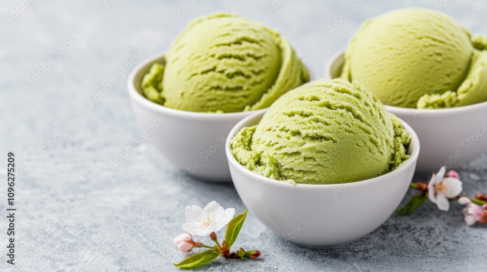 Three scoops of green ice cream in white bowls. Three scoops of green ice cream in white bowls.