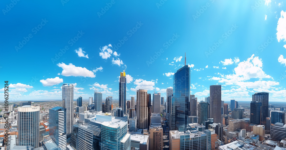 Fototapeta premium Modern Skyline with High-Rise Office Buildings under Blue Sky