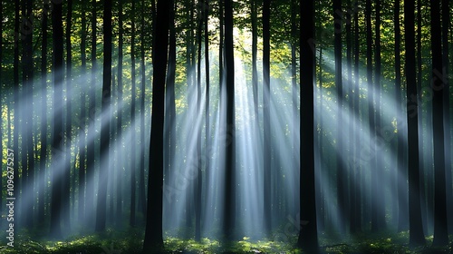 Enchanting Sunlight Filtering Through Tall Trees in a Lush Green Forest Creating a Serene and Tranquil Atmosphere for Nature Lovers and Outdoor Enthusiasts