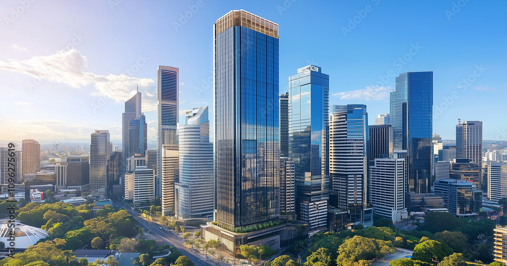 Obraz premium Modern Skyline with High-Rise Office Buildings under Blue Sky