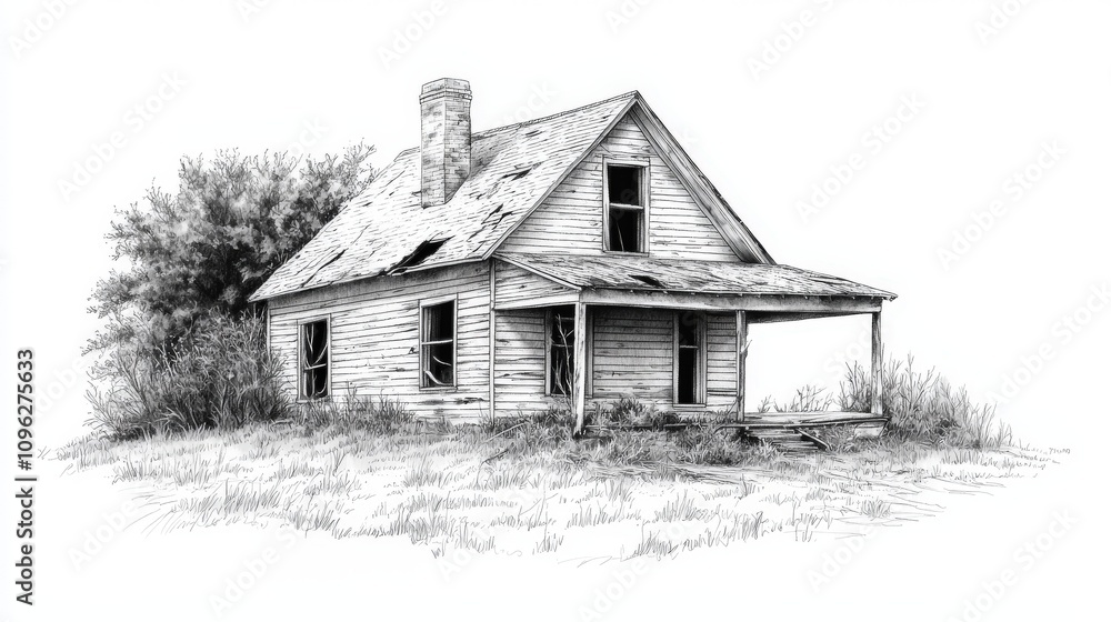 A sketch of a weathered, abandoned house surrounded by overgrown grass, evoking a sense of nostalgia and decay. A sketch of a weathered, abandoned house surrounded by overgrown grass, evoking a sense of nostalgia and decay.