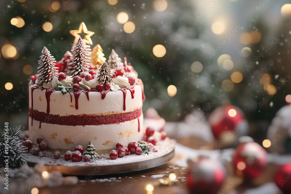 birthday cake for photo shoots with artificial decorations with a side of Christmas trees and stars on a New Year's background birthday cake for photo shoots with artificial decorations with a side of Christmas trees and stars on a New Year's background