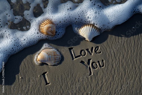 shells on the sand written I love you and sea with foam photo