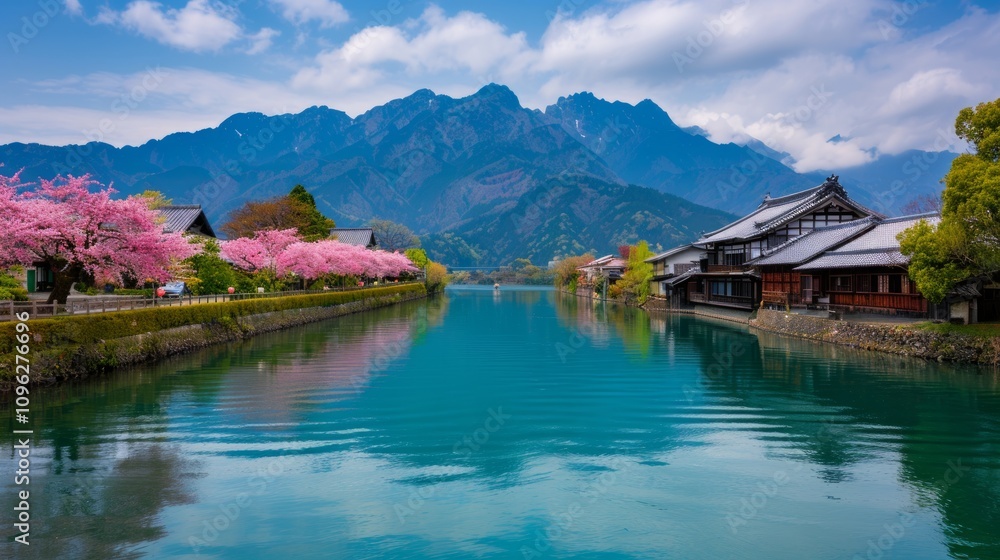 Naklejka premium Scenic view of mountains and cherry blossoms by a river.