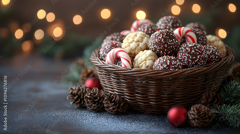 A festive basket filled with candy canes, Christmas cookies, and holiday treats, embodying the warmth and joy of the Christmas season, perfect for holiday celebrations, gifting, and seasonal decoratio A festive basket filled with candy canes, Christmas cookies, and holiday treats, embodying the warmth and joy of the Christmas season, perfect for holiday celebrations, gifting, and seasonal decoratio