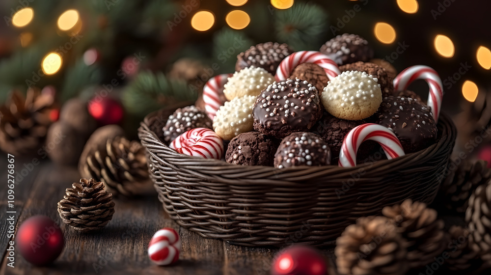 A festive basket filled with candy canes, Christmas cookies, and holiday treats, embodying the warmth and joy of the Christmas season, perfect for holiday celebrations, gifting, and seasonal decoratio A festive basket filled with candy canes, Christmas cookies, and holiday treats, embodying the warmth and joy of the Christmas season, perfect for holiday celebrations, gifting, and seasonal decoratio