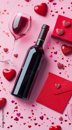 Romantic Valentine's Day setup with red wine bottle, glass, heart decorations, and love letter on pink background. Perfect for celebrating love. photo